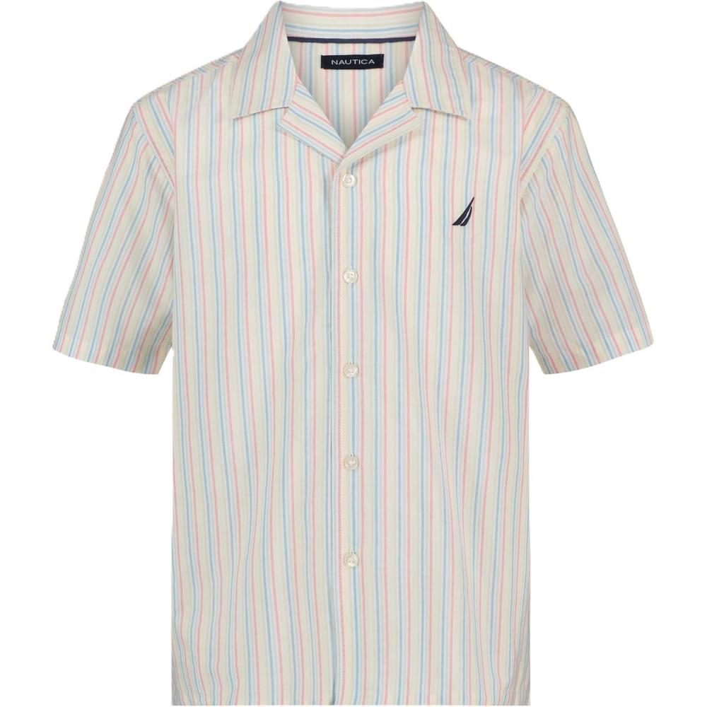 imageNautica Boys Short Sleeve Woven ButtonDown Shirt Light Weight amp BreathableRainbow Stripe on Bright White