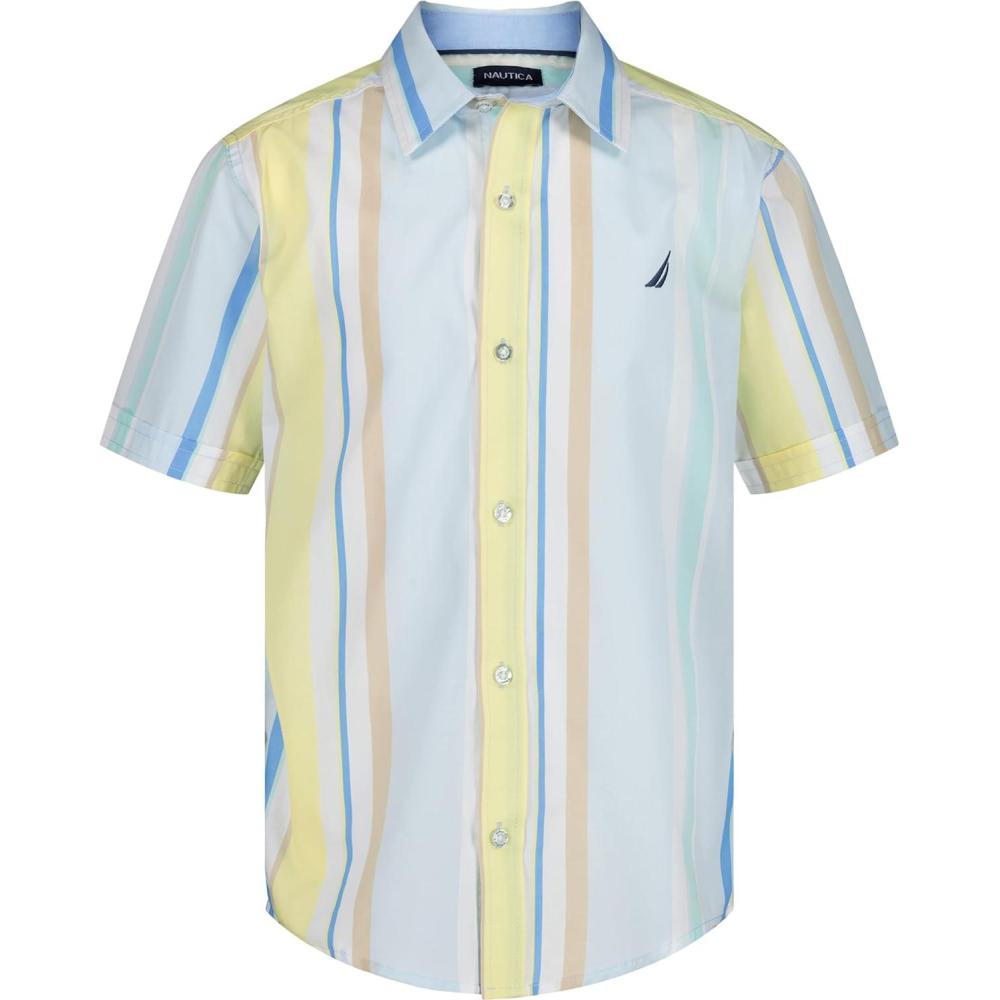 imageNautica Boys Short Sleeve Woven ButtonDown Shirt Light Weight amp BreathableSail Stripe Ice Blue
