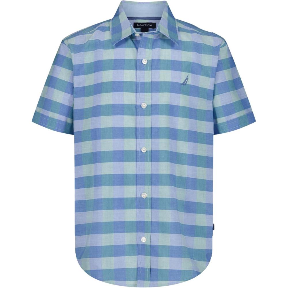 imageNautica Boys Short Sleeve Woven ButtonDown Shirt Light Weight amp BreathableSpring Check Blue Tint