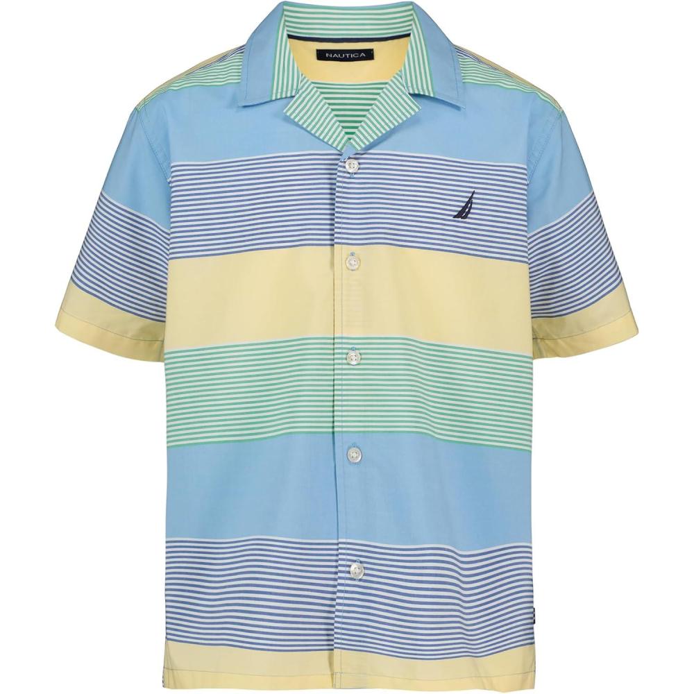imageNautica Boys Short Sleeve Woven ButtonDown Shirt Light Weight amp BreathableWide Stripe Little Boy Blue