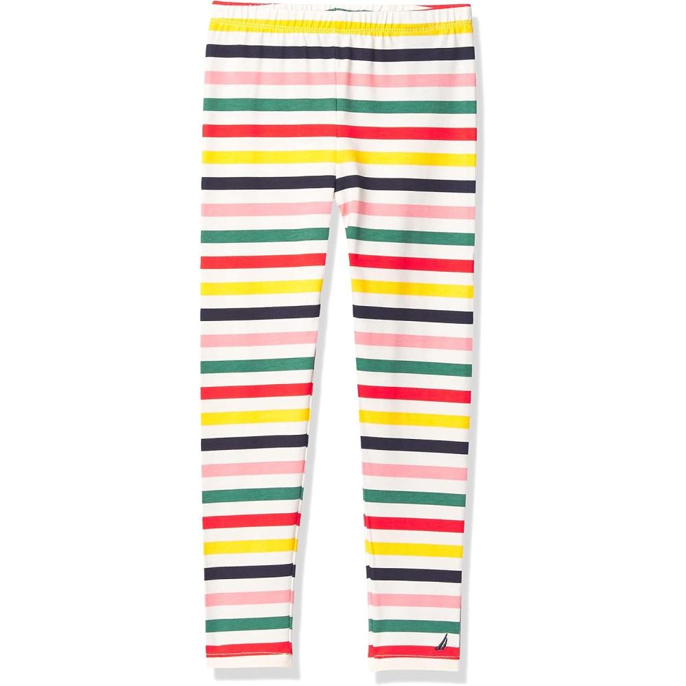 imageNautica Girls Leggings Full Length Pullon Stretch Pants with Elastic Waistband amp Logo DetailMarshmallow Stripe