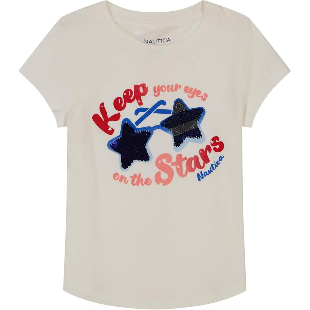 imageNautica Girls Short Sleeve Legacy TShirt with Flip Sequin Design Cotton Tee with Tagless InteriorBright White Stars