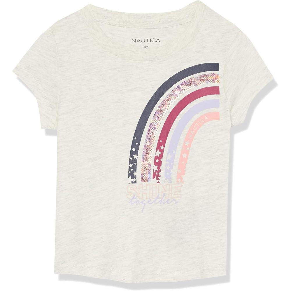 imageNautica Girls Short Sleeve Legacy TShirt with Flip Sequin Design Cotton Tee with Tagless InteriorOatmeal Rainbow Sequin