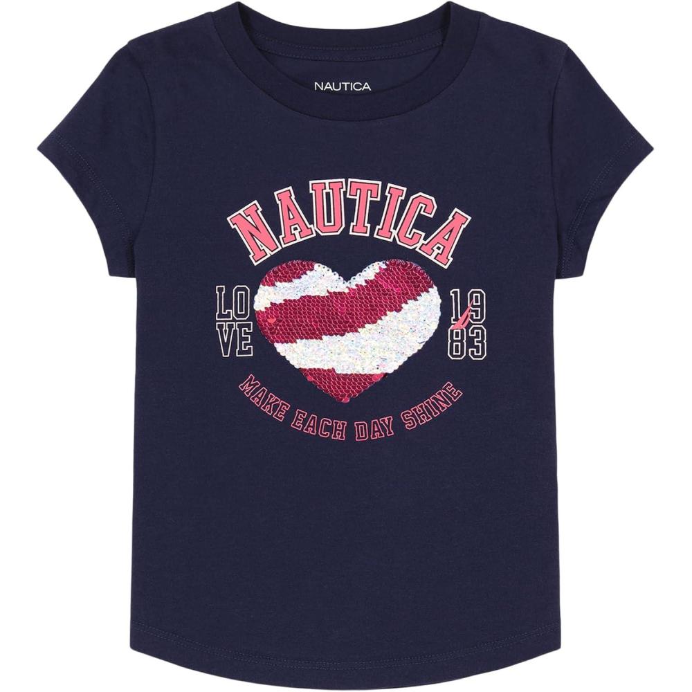 imageNautica Girls Short Sleeve Legacy TShirt with Flip Sequin Design Cotton Tee with Tagless InteriorPeacoat Heart Shine