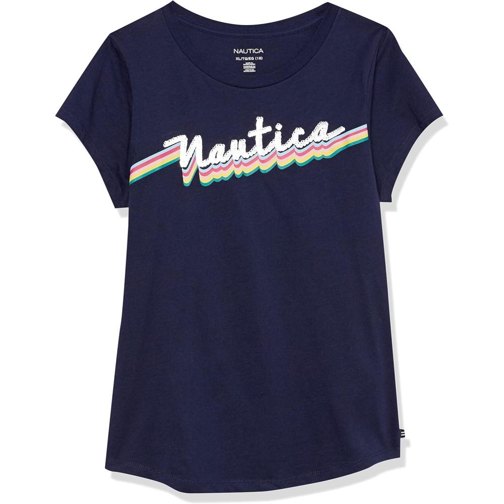 imageNautica Girls Short Sleeve Legacy TShirt with Flip Sequin Design Cotton Tee with Tagless InteriorPeacoat ScriptSequin