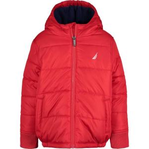 Nautica Boys’ Heavyweight Hooded Bubble Jacket With Polar Fleece Lining(Carmine/Navy)
