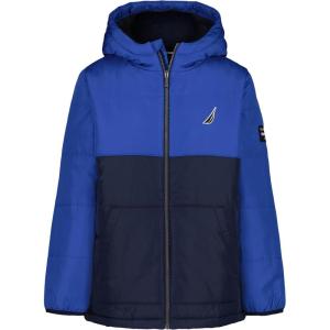 Nautica Boys’ Heavyweight Hooded Bubble Jacket With Polar Fleece Lining(Colorblock Galaxy Blue)