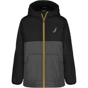 Nautica Boys’ Heavyweight Hooded Bubble Jacket With Polar Fleece Lining(Colorblock True Black)
