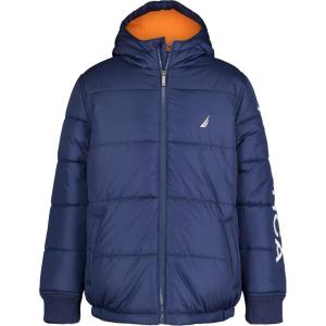 Nautica Boys’ Heavyweight Hooded Bubble Jacket With Polar Fleece Lining(J Navy/Orange)