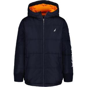 Nautica Boys’ Heavyweight Hooded Bubble Jacket With Polar Fleece Lining(Sport Navy/Orange)