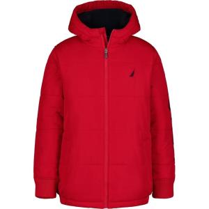 Nautica Boys’ Heavyweight Hooded Bubble Jacket With Polar Fleece Lining(Tango Red)