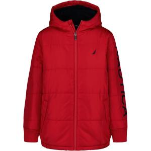 Nautica Boys’ Heavyweight Hooded Bubble Jacket With Polar Fleece Lining(Tango Red/Navy)