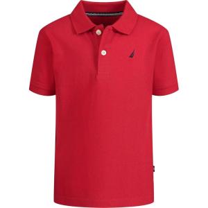 Nautica Boys’ Short Sleeve Anchor Polo, Button Closure, Soft & Comfortable, Pique Fabric(Carmine)