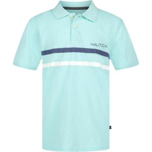 Nautica Boys Short Sleeve Fashion Polo, Button Closure, Soft & Comfortable(Double Stripe Blue Tinted)