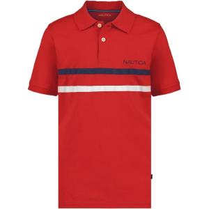 Nautica Boys Short Sleeve Fashion Polo, Button Closure, Soft & Comfortable(Double Stripe High Risk Red)