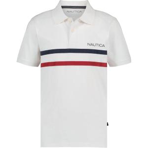 Nautica Boys Short Sleeve Fashion Polo, Button Closure, Soft & Comfortable(Double Stripe White)