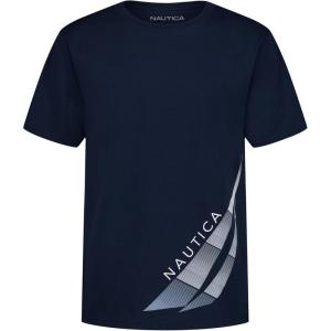 Nautica Boys’ Short Sleeve J-Class Logo Crew Neck T-Shirt, Soft, Comfortable, Relaxed Fit(Striped J-class Blueprint)