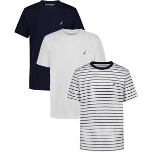 Nautica Boys’ Short Sleeve Solid Crew Neck T-Shirt Multipack, Soft, Comfortable, Relaxed Fit(Bright Navy Stripe/White/Navy Seas)