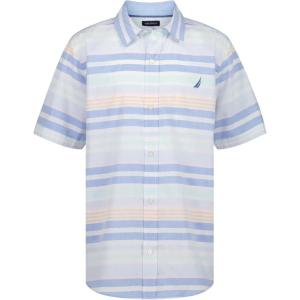 Nautica Boys Short Sleeve Woven Button-Down Shirt. Light Weight & Breathable(Cabana Stripe Cashmere Blue)