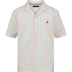Nautica Boys Short Sleeve Woven Button-Down Shirt. Light Weight & Breathable(Rainbow Stripe on Bright White)