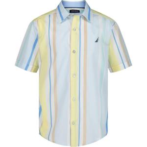 Nautica Boys Short Sleeve Woven Button-Down Shirt. Light Weight & Breathable(Sail Stripe Ice Blue)