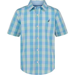 Nautica Boys Short Sleeve Woven Button-Down Shirt. Light Weight & Breathable(Spring Check Azure)