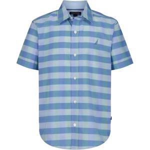 Nautica Boys Short Sleeve Woven Button-Down Shirt. Light Weight & Breathable(Spring Check Blue Tint)