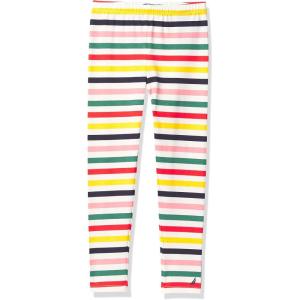 Nautica Girls’ Leggings, Full Length Pull-on Stretch Pants with Elastic Waistband & Logo Detail(Marshmallow Stripe)