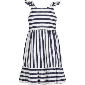 Nautica Girls’ Printed Flutter Dress, Sleeveless with Ruffled Shoulders & Cinched Waist(Peacoat Stripe)