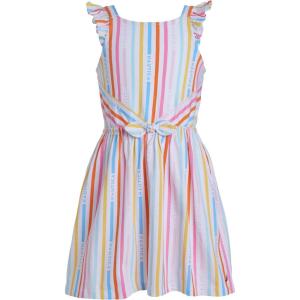 Nautica Girls’ Printed Flutter Dress, Sleeveless with Ruffled Shoulders & Cinched Waist(White Rainbow)