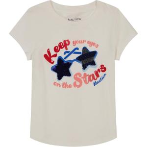 Nautica Girls Short Sleeve Legacy T-Shirt with Flip Sequin Design, Cotton Tee with Tagless Interior(Bright White Stars)