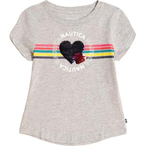 Nautica Girls Short Sleeve Legacy T-Shirt with Flip Sequin Design, Cotton Tee with Tagless Interior(Grey Linked Heart)