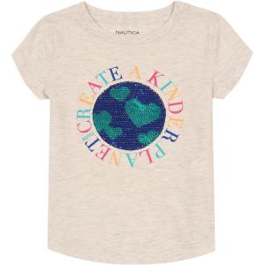 Nautica Girls Short Sleeve Legacy T-Shirt with Flip Sequin Design, Cotton Tee with Tagless Interior(Oatmeal Heather)