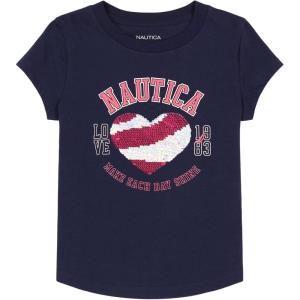Nautica Girls Short Sleeve Legacy T-Shirt with Flip Sequin Design, Cotton Tee with Tagless Interior(Peacoat Heart Shine)