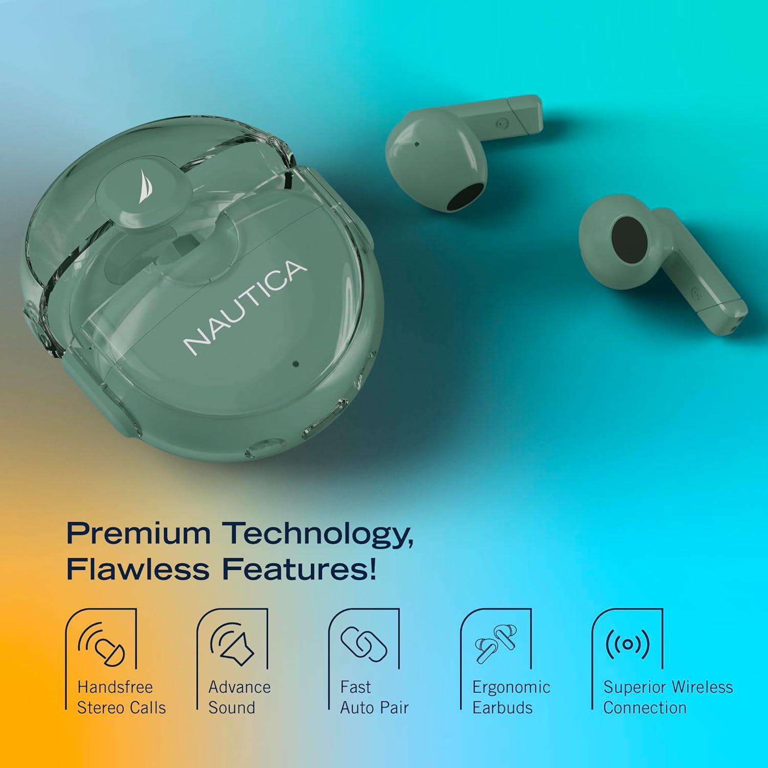 imageNautica Bluetooth Earbuds Wireless Connection 6 Hours Playtime Bluetooth 51 HandsFree Stereo Calls Fast Auto Pair IPX5 Splashproof Lightweight Transparent Design for iOS Android WhiteGreen