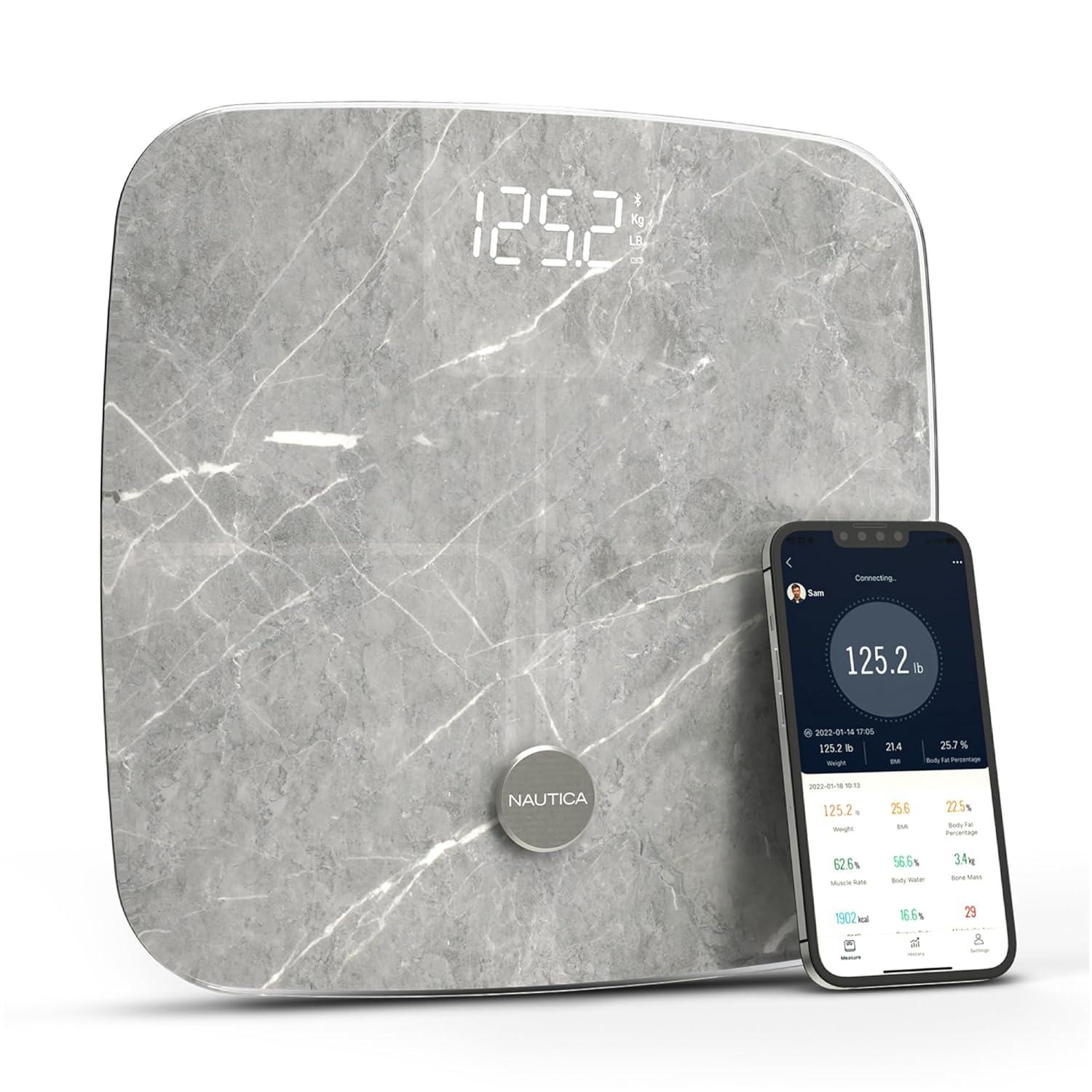 imageNautica Body Tracker Digital Bathroom Scale BluetoothEnabled Smart Scale with BMI Body Fat Muscle Mass Tracking amp More Syncs with Smartphone App for Body Composition Tracking 396 LbsTravertine Stone