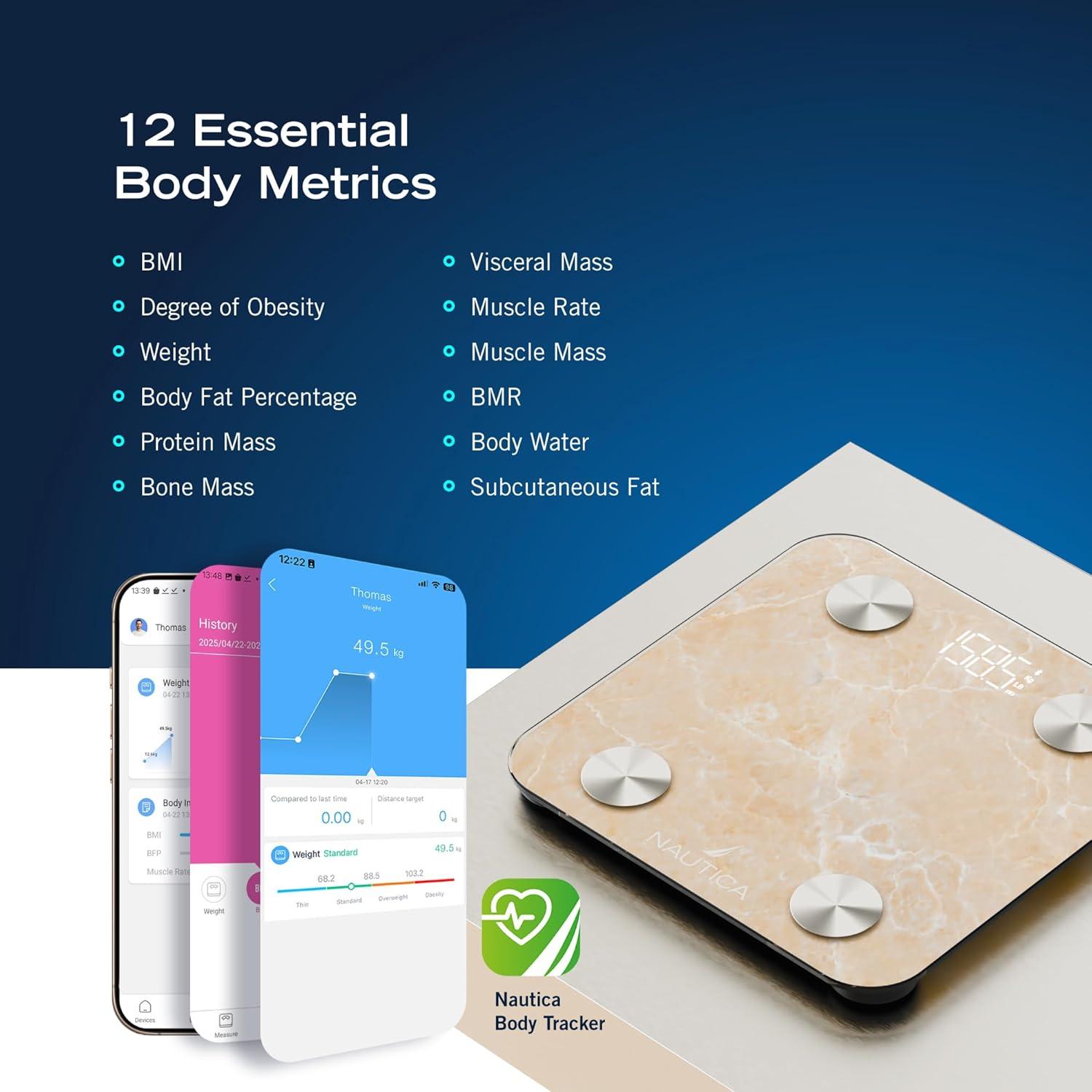 imageNautica Body Tracker Digital Bathroom Scale BluetoothEnabled Smart Scale with BMI Body Fat Muscle Mass Tracking amp More Syncs with Smartphone App for Body Composition Tracking 396 LbsQuartz Stone