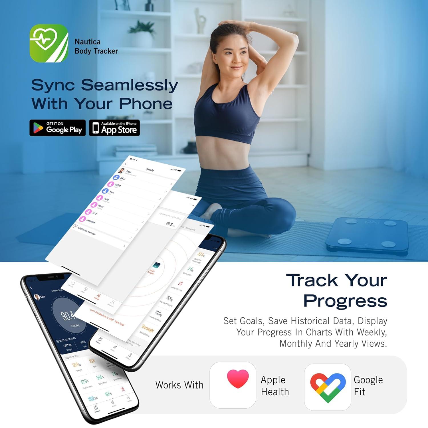 imageNautica Body Tracker Digital Bathroom Scale BluetoothEnabled Smart Scale with BMI Body Fat Muscle Mass Tracking amp More Syncs with Smartphone App for Body Composition Tracking 396 LbsNavy Yellow