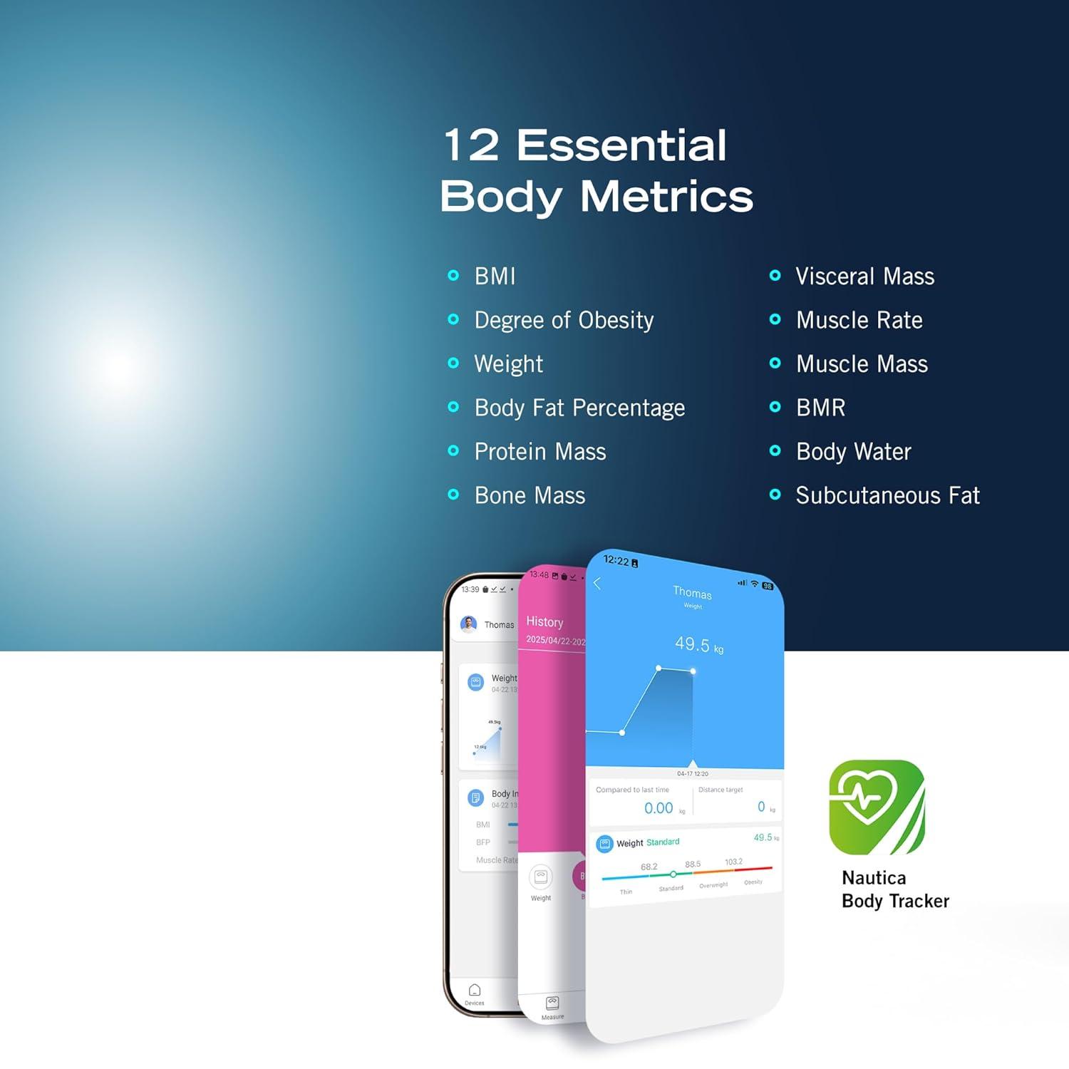 imageNautica Body Tracker Digital Bathroom Scale BluetoothEnabled Smart Scale with BMI Body Fat Muscle Mass Tracking amp More Syncs with Smartphone App for Body Composition Tracking 396 LbsIce White