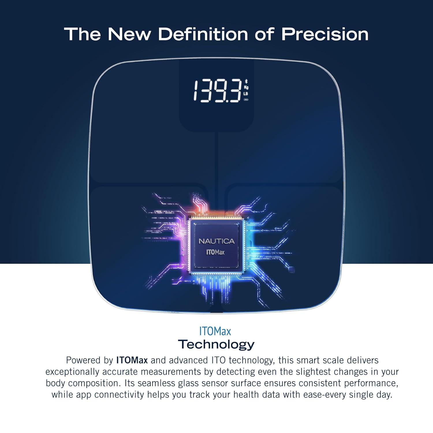 imageNautica Body Tracker Digital Bathroom Scale BluetoothEnabled Smart Scale with BMI Body Fat Muscle Mass Tracking amp More Syncs with Smartphone App for Body Composition Tracking 396 LbsNavy