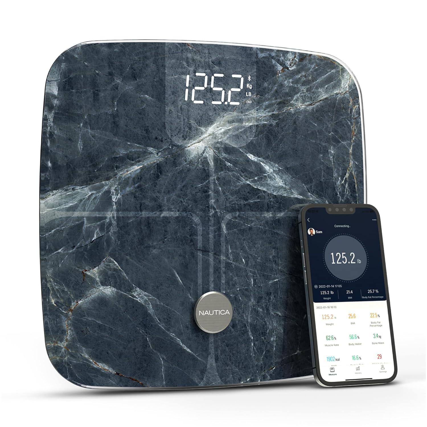 imageNautica Body Tracker Digital Bathroom Scale BluetoothEnabled Smart Scale with BMI Body Fat Muscle Mass Tracking amp More Syncs with Smartphone App for Body Composition Tracking 396 LbsAqua Stone