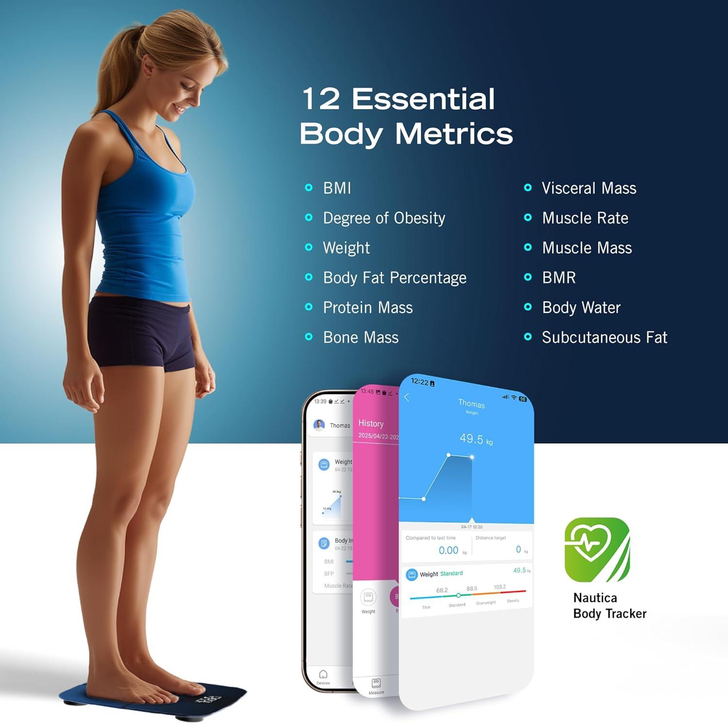 imageNautica Body Tracker Digital Bathroom Scale BluetoothEnabled Smart Scale with BMI Body Fat Muscle Mass Tracking amp More Syncs with Smartphone App for Body Composition Tracking 396 LbsNavy Yellow