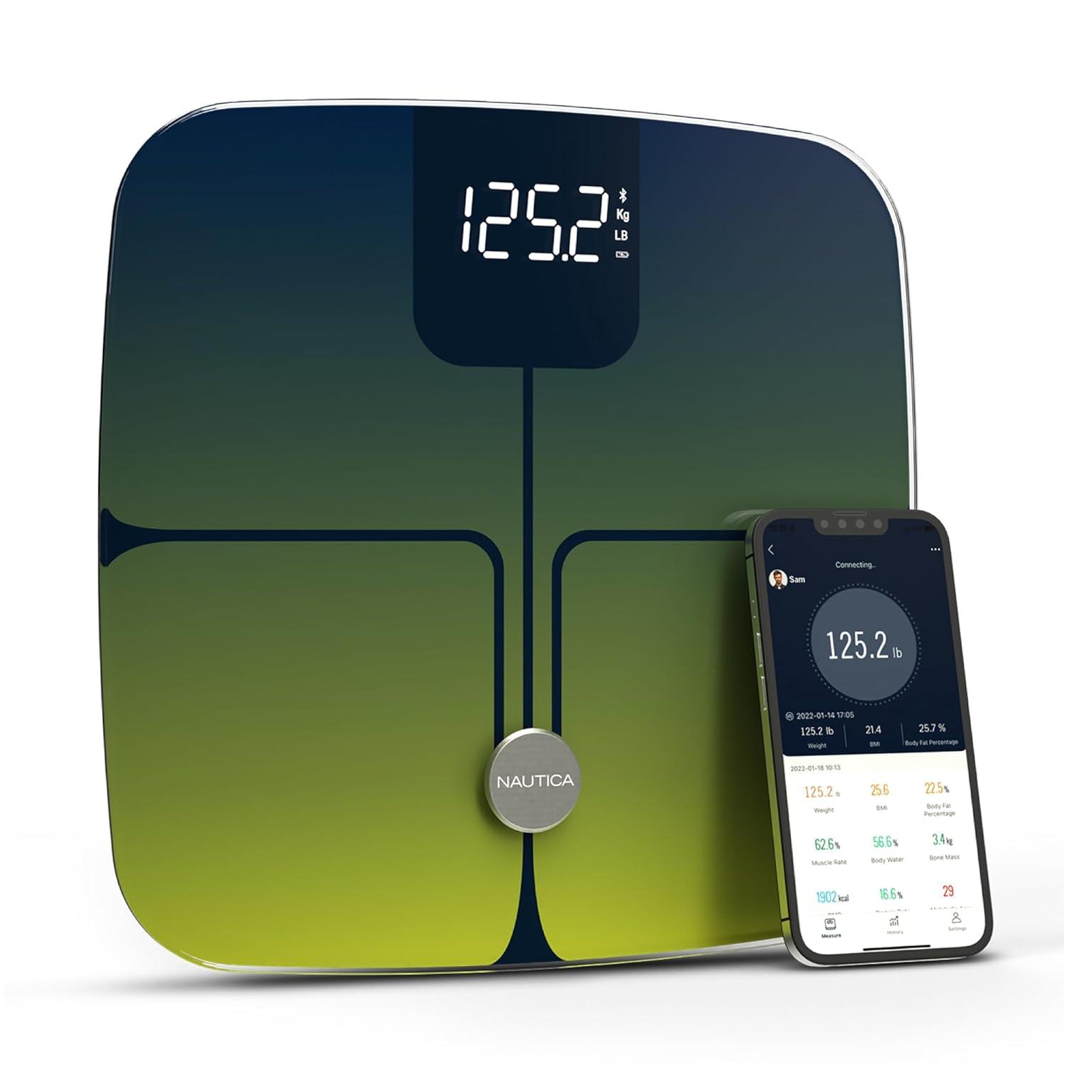 imageNautica Body Tracker Digital Bathroom Scale BluetoothEnabled Smart Scale with BMI Body Fat Muscle Mass Tracking amp More Syncs with Smartphone App for Body Composition Tracking 396 LbsNavy Yellow
