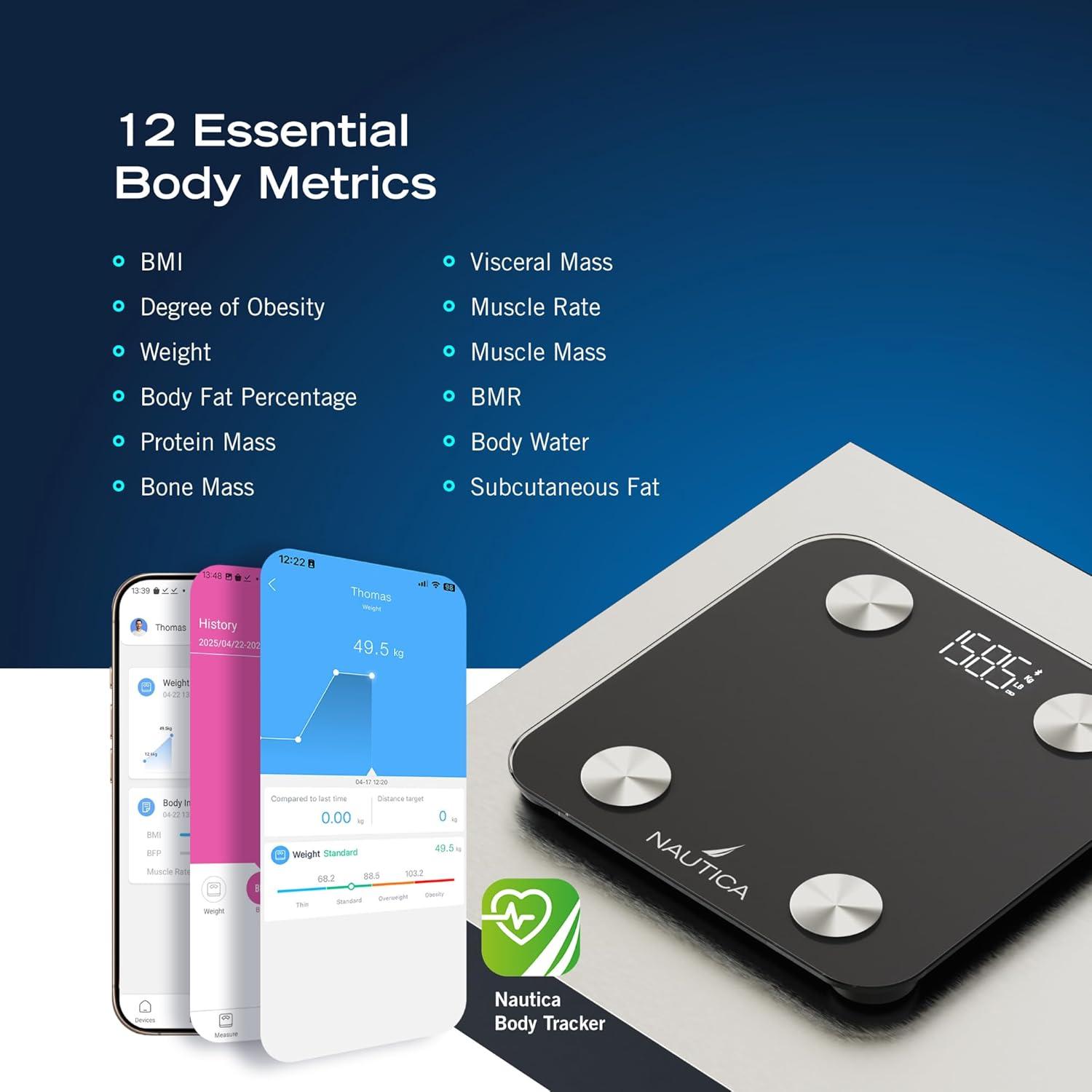 imageNautica Body Tracker Digital Bathroom Scale BluetoothEnabled Smart Scale with BMI Body Fat Muscle Mass Tracking amp More Syncs with Smartphone App for Body Composition Tracking 396 LbsTrue Black