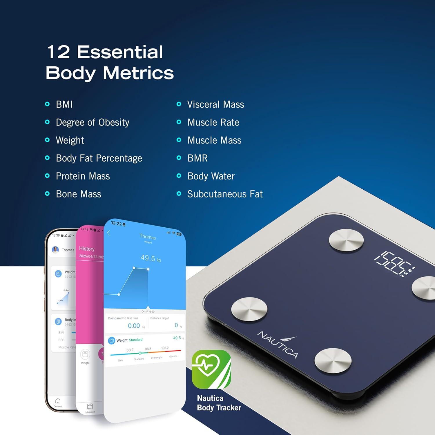 imageNautica Body Tracker Digital Bathroom Scale BluetoothEnabled Smart Scale with BMI Body Fat Muscle Mass Tracking amp More Syncs with Smartphone App for Body Composition Tracking 396 LbsNavy