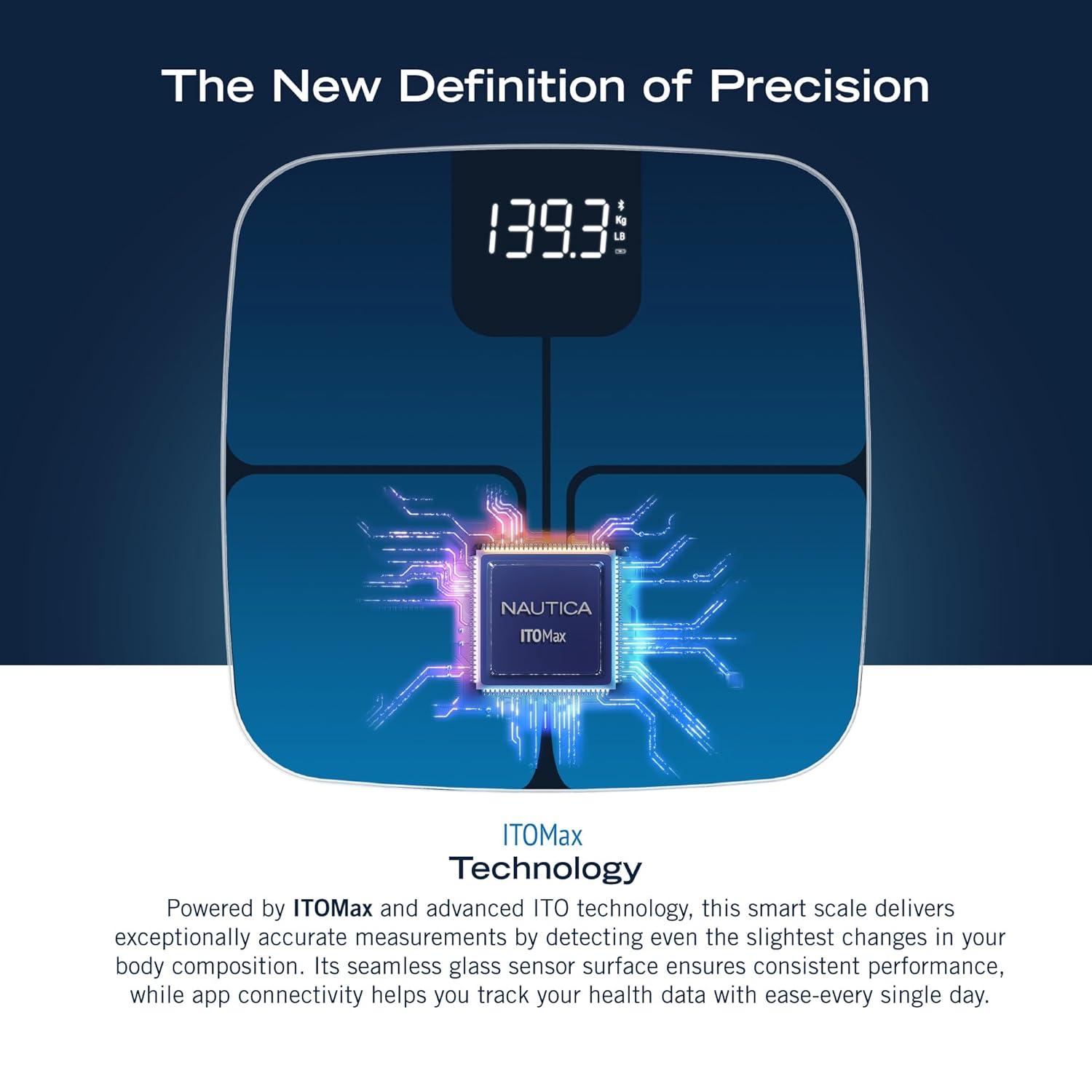 imageNautica Body Tracker Digital Bathroom Scale BluetoothEnabled Smart Scale with BMI Body Fat Muscle Mass Tracking amp More Syncs with Smartphone App for Body Composition Tracking 396 LbsNavy Blue
