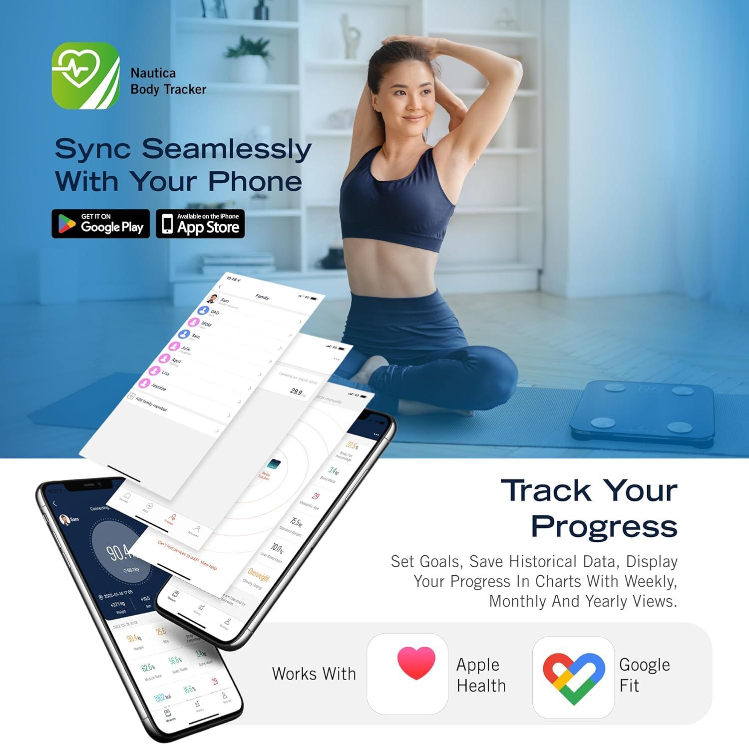 imageNautica Body Tracker Digital Bathroom Scale BluetoothEnabled Smart Scale with BMI Body Fat Muscle Mass Tracking amp More Syncs with Smartphone App for Body Composition Tracking 396 LbsNavy Blue