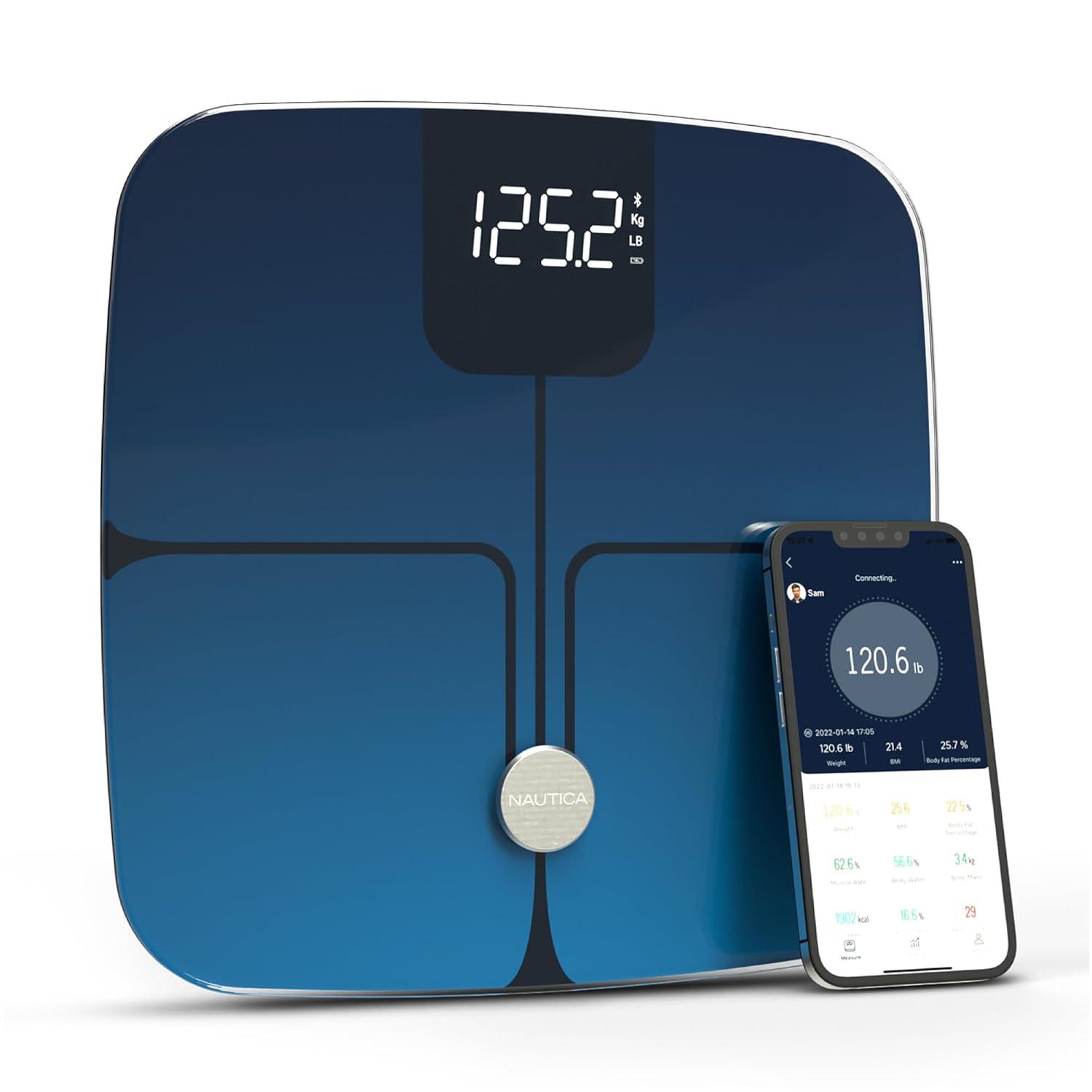 imageNautica Body Tracker Digital Bathroom Scale BluetoothEnabled Smart Scale with BMI Body Fat Muscle Mass Tracking amp More Syncs with Smartphone App for Body Composition Tracking 396 LbsNavy Blue