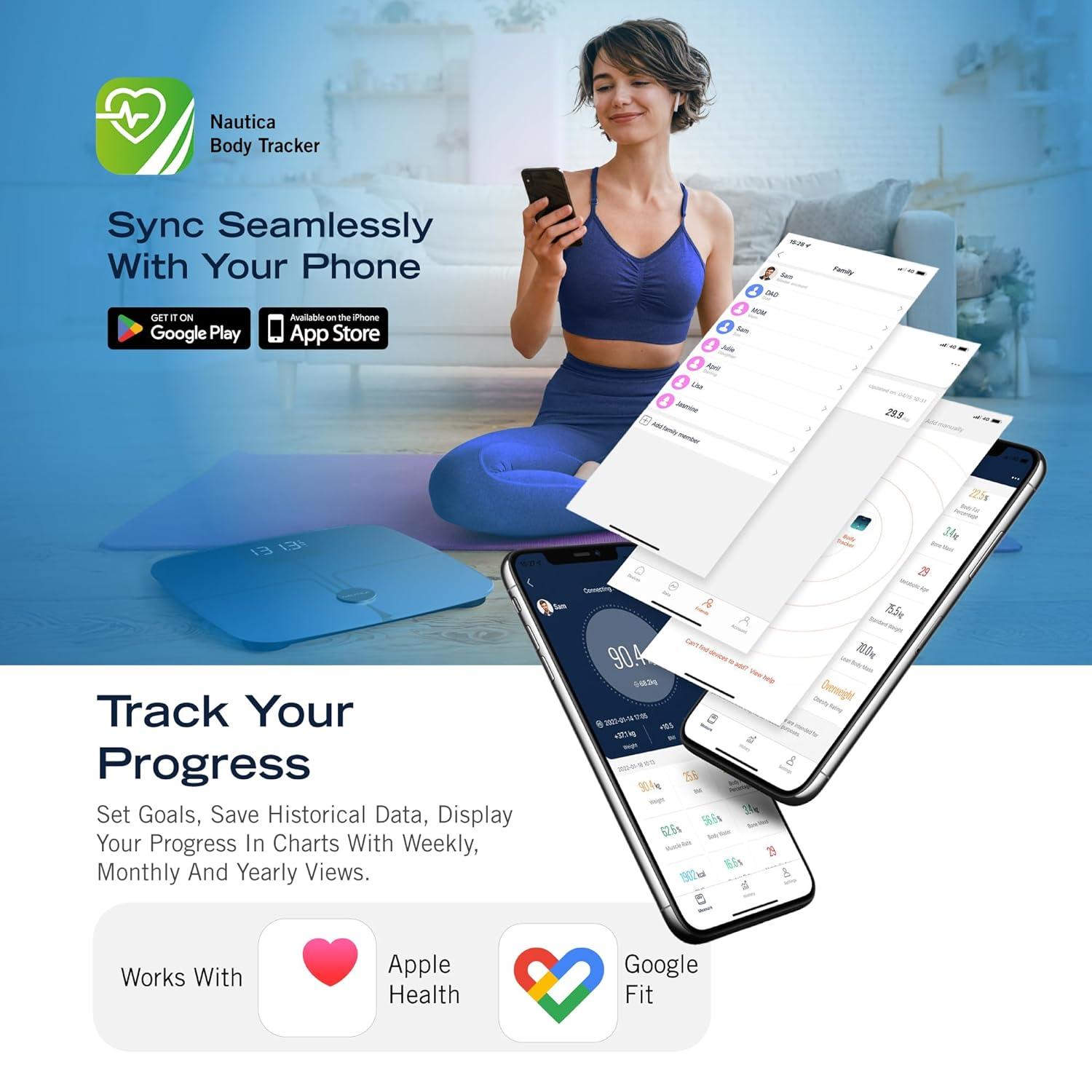 imageNautica Body Tracker Digital Bathroom Scale BluetoothEnabled Smart Scale with BMI Body Fat Muscle Mass Tracking amp More Syncs with Smartphone App for Body Composition Tracking 396 LbsNavy Yellow