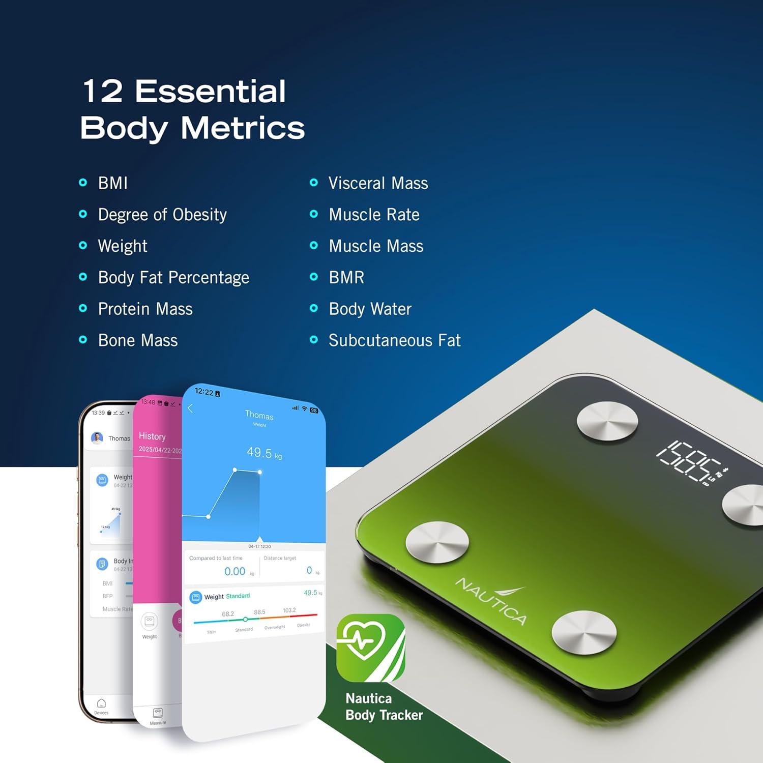 imageNautica Body Tracker Digital Bathroom Scale BluetoothEnabled Smart Scale with BMI Body Fat Muscle Mass Tracking amp More Syncs with Smartphone App for Body Composition Tracking 396 LbsNavy Yellow